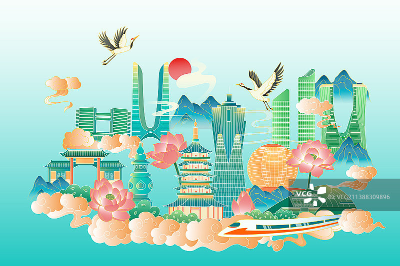 中国风杭州城市矢量插画图片素材