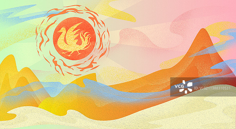 新中式风格金乌与火焰山水风景插画图片素材