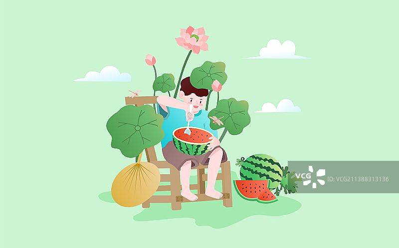 夏天吃西瓜的男孩图片素材