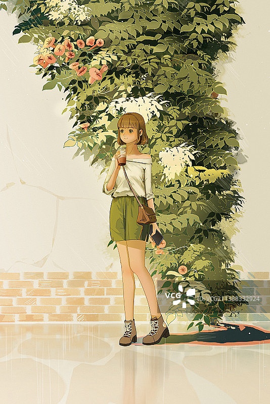 夏天女孩等待唯美插画图片素材