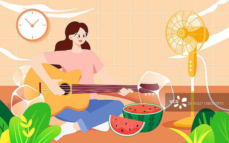 小暑大暑节气女孩居家吹风扇吃西瓜矢量插画图片素材