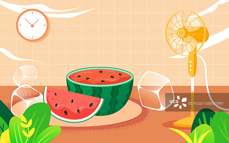 小暑大暑节气女孩居家吹风扇吃西瓜矢量插画图片素材