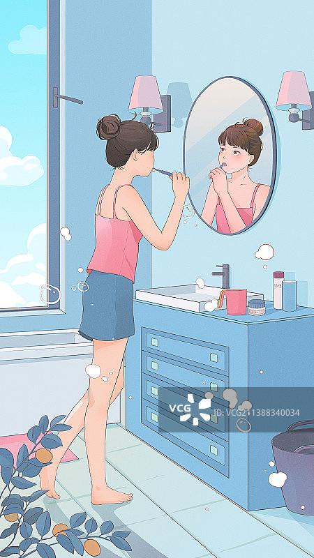 一个人系列 刷牙女孩插画图片素材