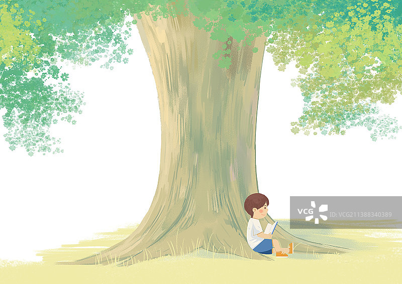 童年美好回忆小时候夏天夏季大树下乘凉看书学习卡通插画图片素材