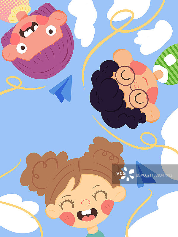 蓝天下的三个小朋友图片素材