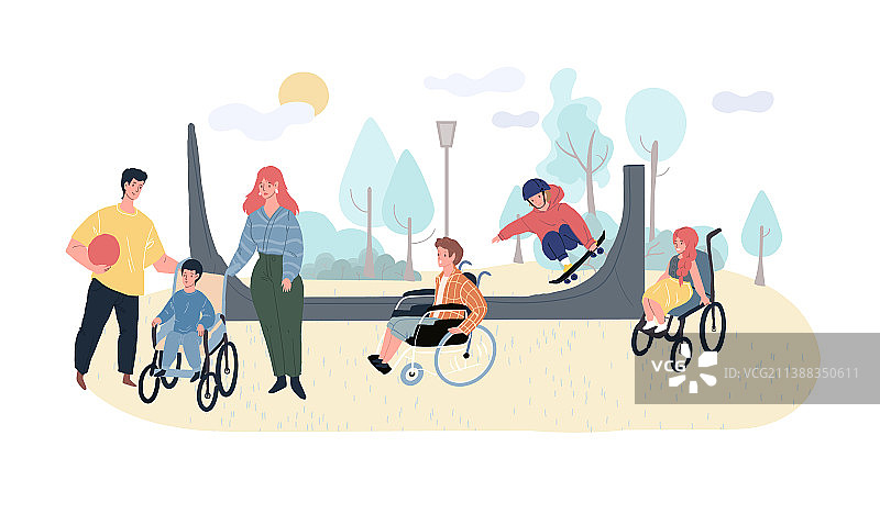 滑板公园里的扁平卡通人物图片素材