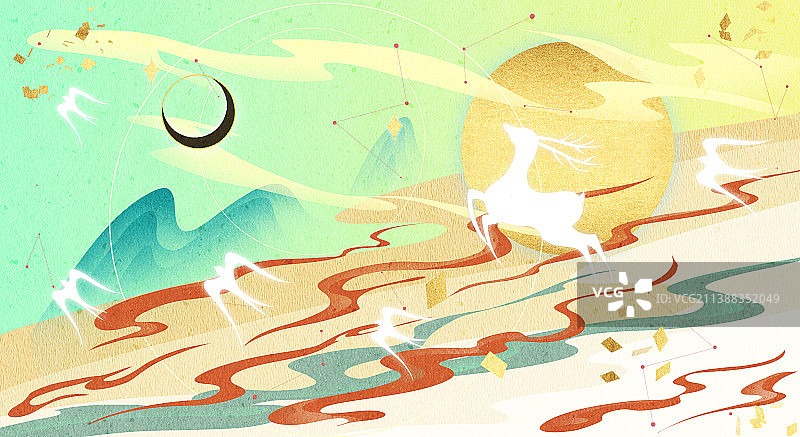 国潮风敦煌壁画奔跑的鹿吉祥日月山川风景插画图片素材