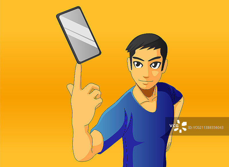 年轻亚洲男人展示带橙色图案的智能手机图片素材