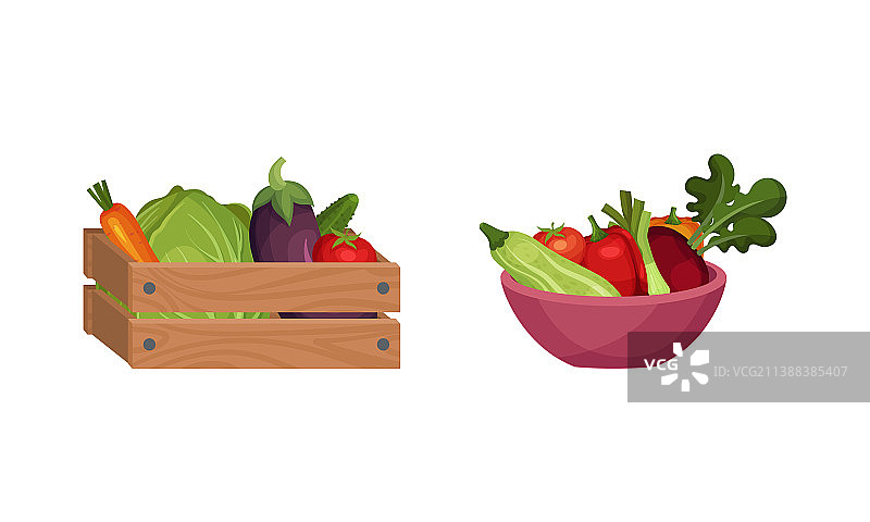 装满新鲜蔬菜的木箱和碗图片素材