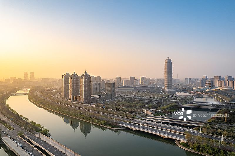 中国河南郑州郑东新区CBD会展中心城市商业区夏季户外高视角航拍风光图片素材