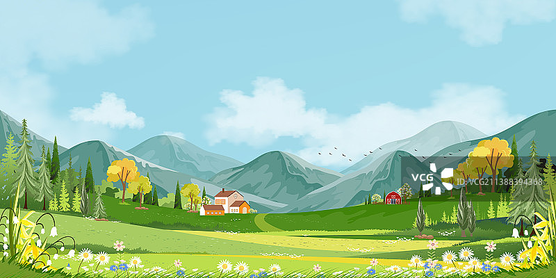 绿色春天村庄全景图片素材