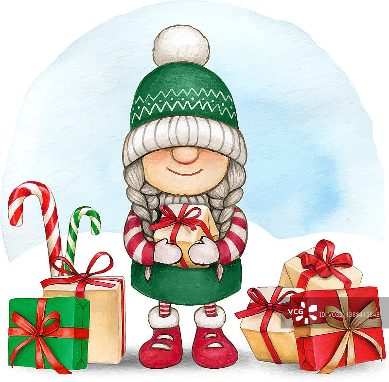 水彩手绘可爱圣诞侏儒图片素材