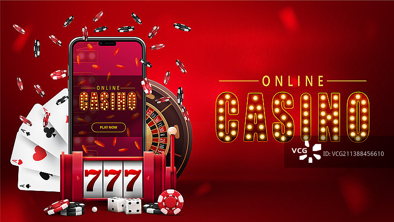 带智能手机红色老虎机的在线赌场红色banner图片素材