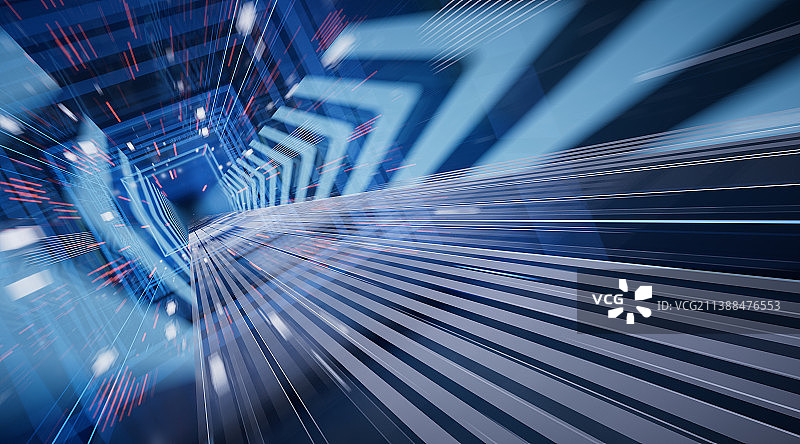 霓虹线条动态模糊隧道3D渲染图片素材