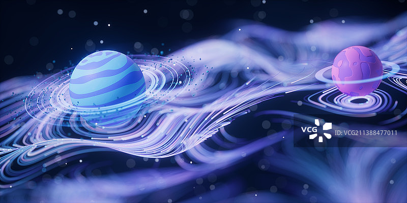 抽象流动曲线与星球3D渲染图片素材