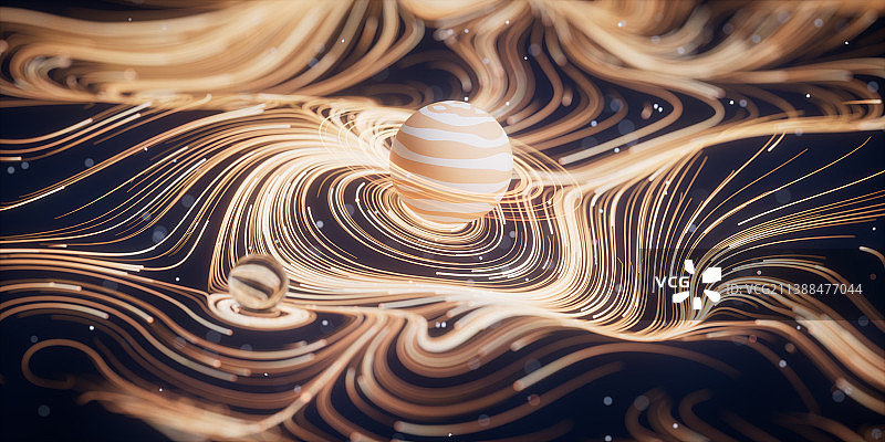 抽象流动曲线与星球3D渲染图片素材