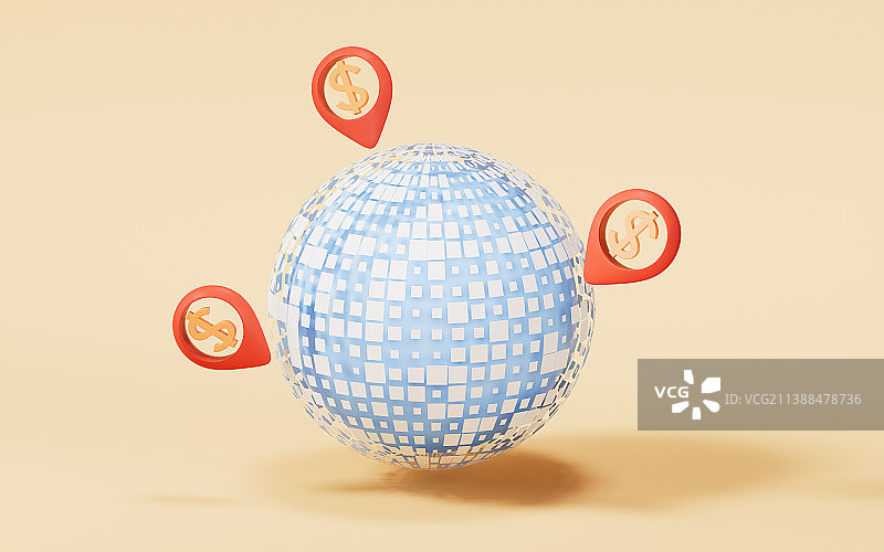 金钱符号与全球化概念3D渲染图片素材