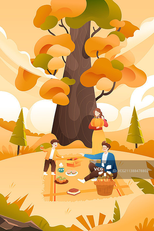 卡通秋季秋天立秋节气踏秋丰收亲子家人出游自驾游朋友学生情侣情人节约会自然风景旅游户外休闲渐变矢量插画图片素材