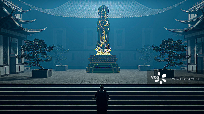 僧侣参拜院中的观音图片素材