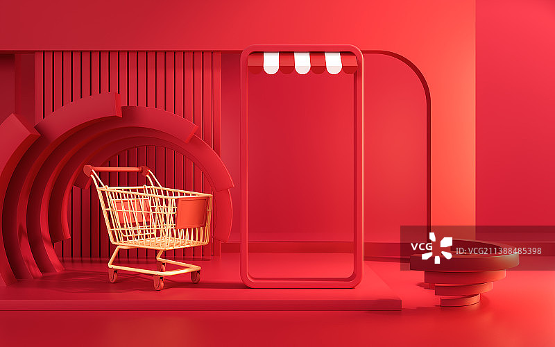 创意电商场景与购物车3D渲染图片素材