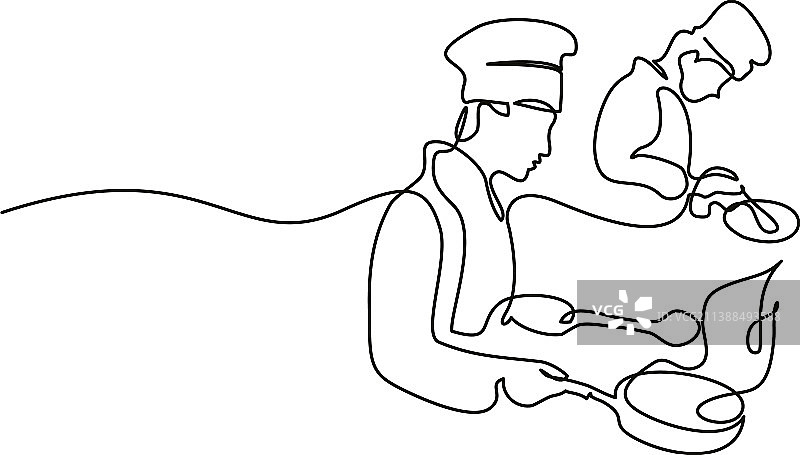 厨师烹饪大餐连续单线绘画图片素材