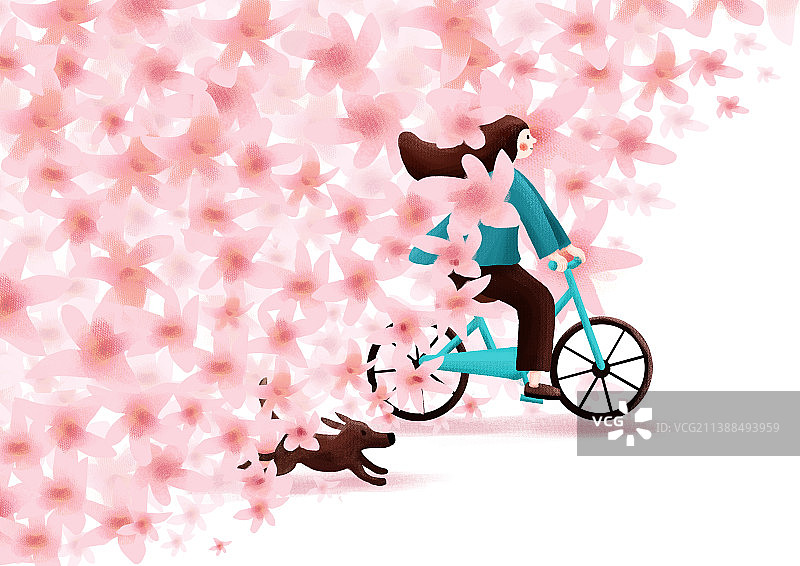 插画 花海 浪漫 女生 骑自行车 小狗 扁平肌理插画 愉快 清醒  自然图片素材