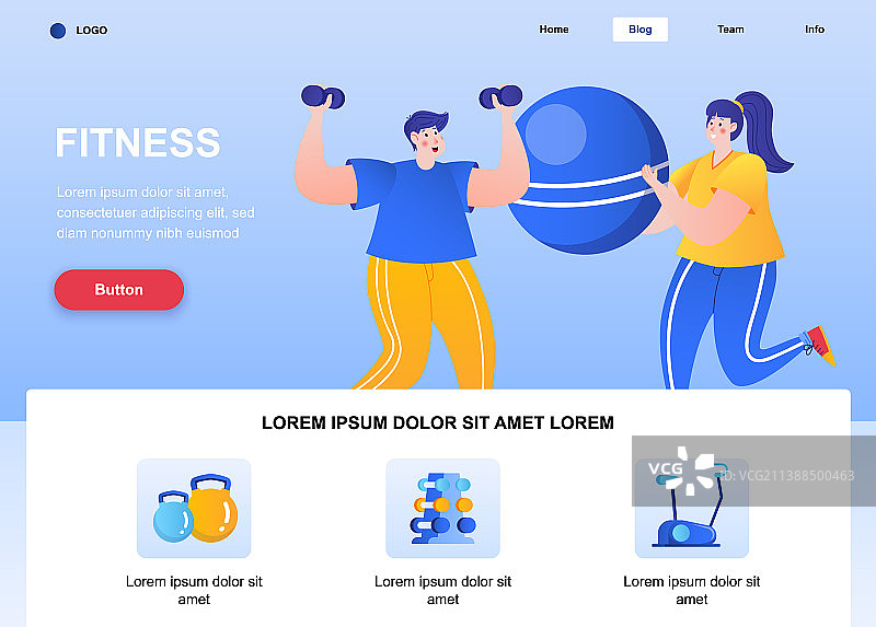 健身主题扁平风格着陆页，年轻情侣图片素材