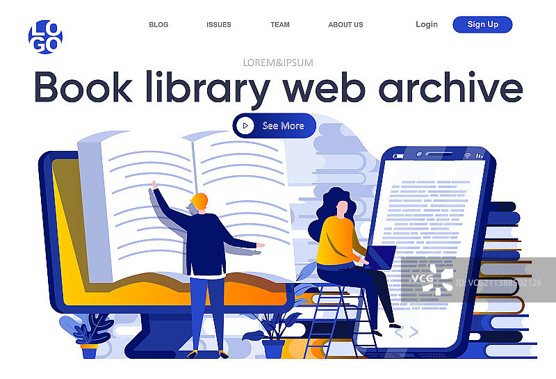 书籍图书馆网络档案扁平风格着陆页图片素材