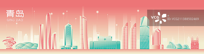青岛城市地标建筑渐变矢量插画海报图片素材