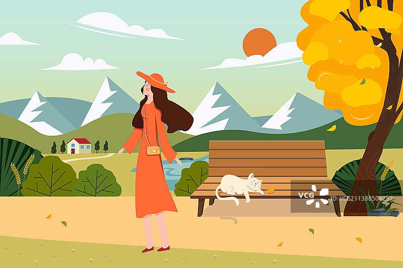 卡通手绘秋季户外郊游散步的人矢量插画图片素材