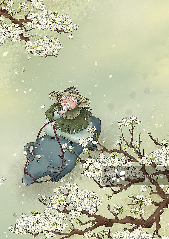 清明梨花骑牛老人图片素材