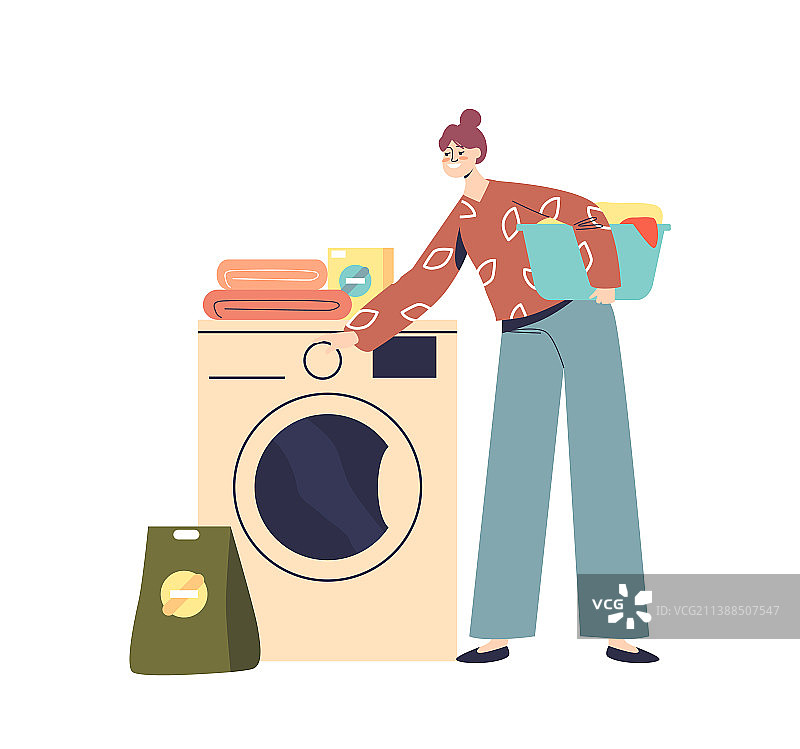 年轻女子正在装洗衣机洗衣服图片素材