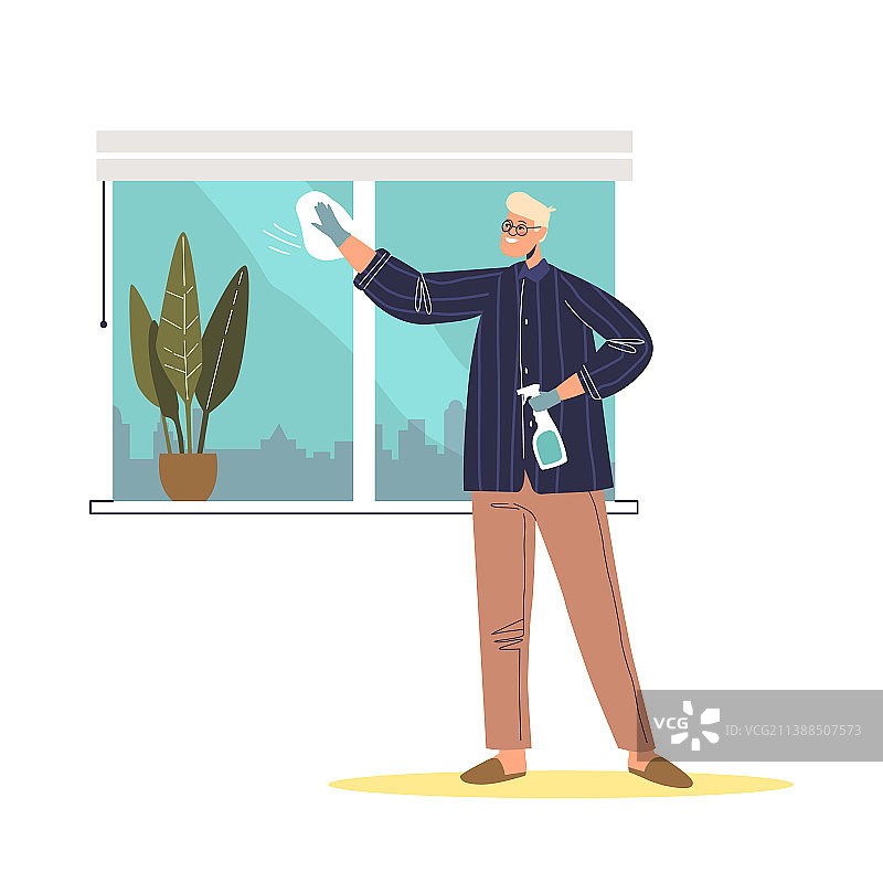 男人在家擦窗户：年轻男子清洁图片素材