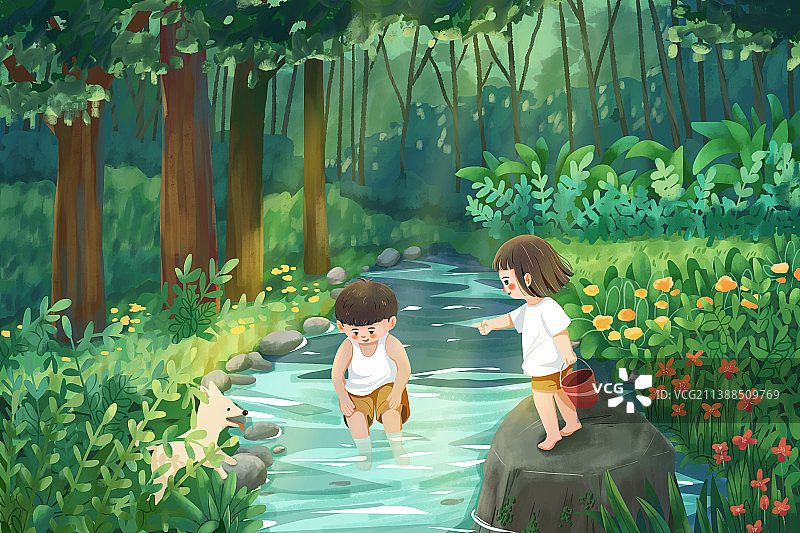 手绘童年小朋友河里抓鱼图片素材