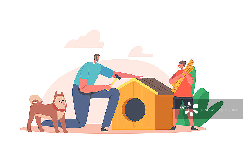 父子搭建或修理狗屋温馨场景图片素材
