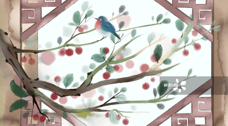 中国风水彩窗户边的鸟插画-GIF动图图片素材
