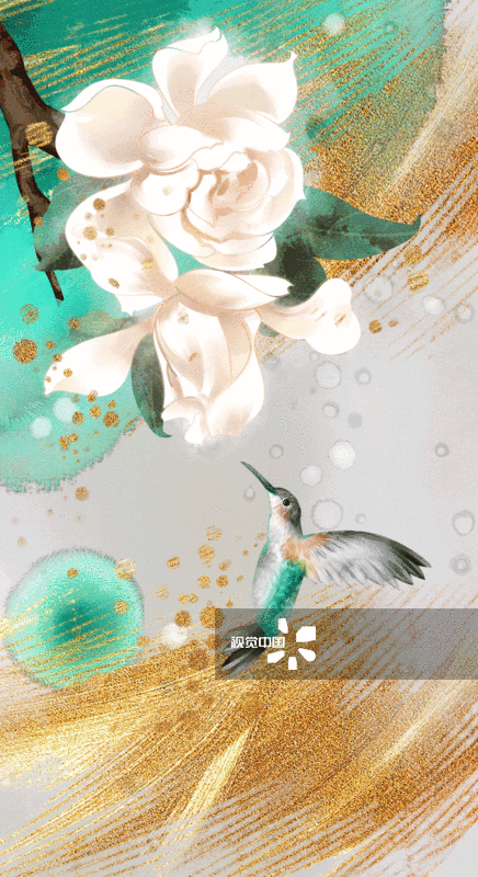 中国风水彩鸟与花插画-GIF动图图片素材