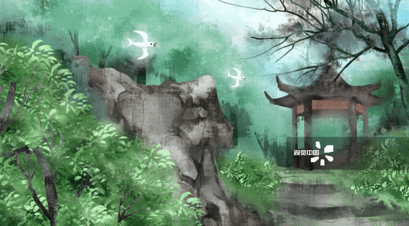 中国风水彩园林庭子插画背景-GIF动图图片素材
