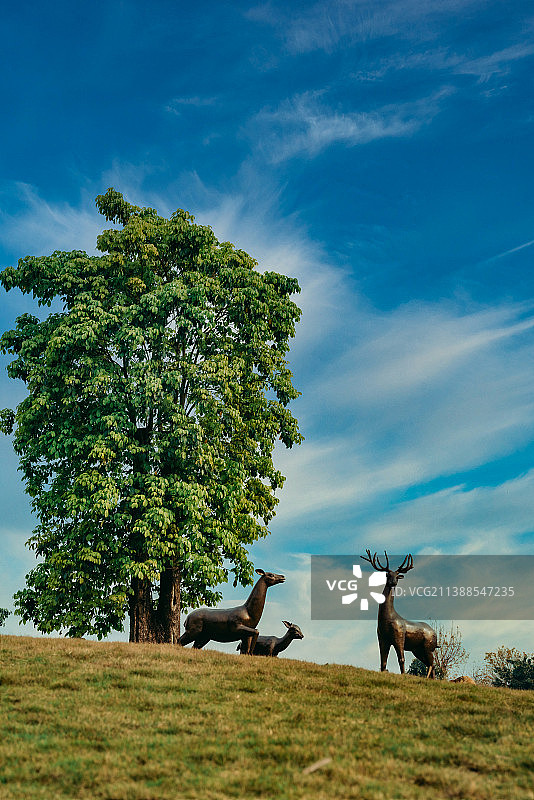 节日节气里树下望着远方的鹿雕像图片素材