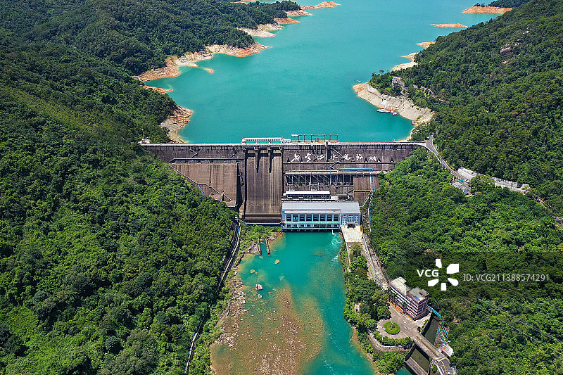 广东省河源市东源县万绿湖新丰江水库大坝景区航拍图片素材