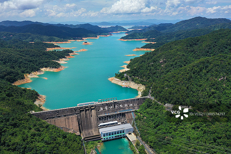 广东省河源市东源县万绿湖新丰江水库大坝景区航拍图片素材
