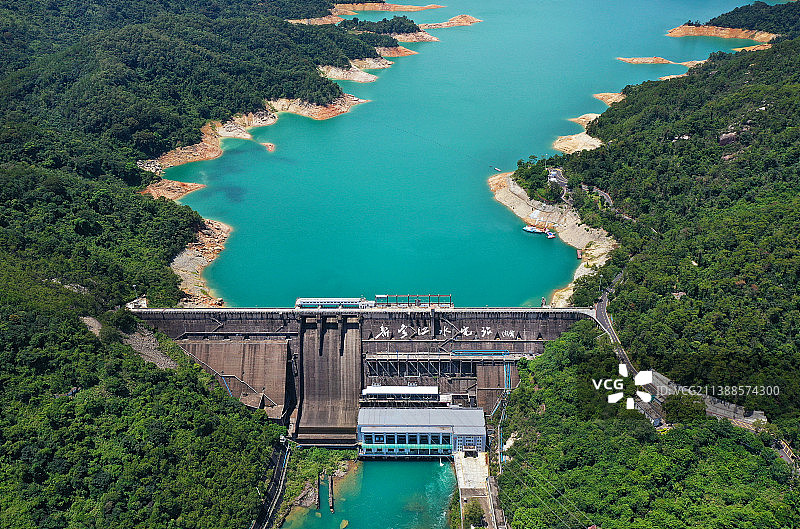 广东省河源市东源县万绿湖新丰江水库大坝景区航拍图片素材