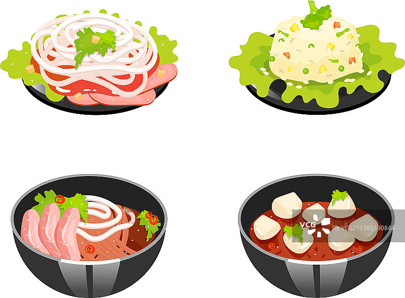 中国菜肴彩色图标：番茄和馄饨图片素材