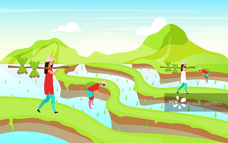 扁平风格的印尼工人在稻田劳作图片素材
