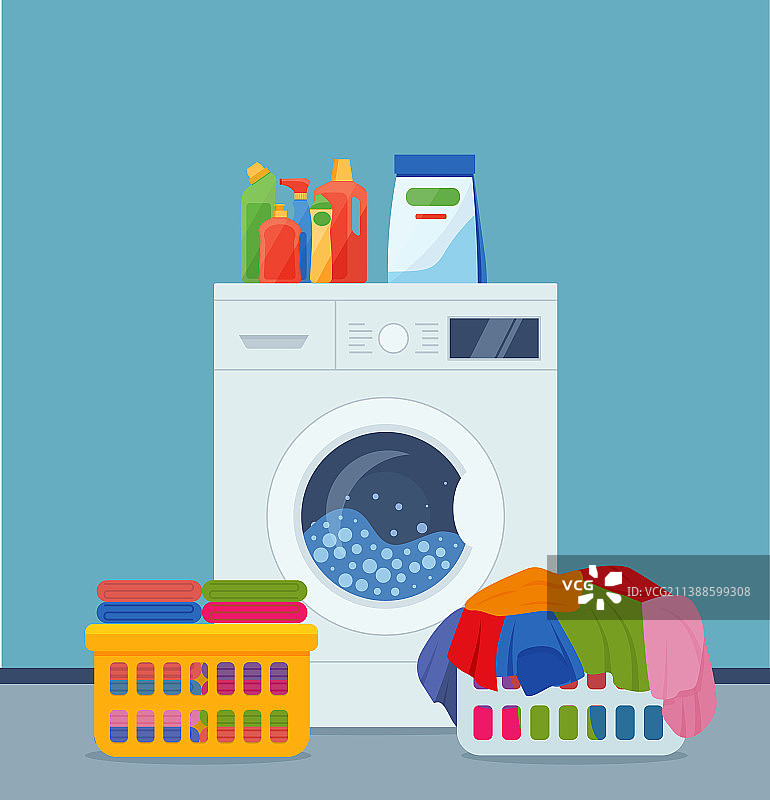 洗衣机、洗衣篮和清洁用品图片素材
