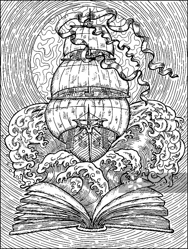 带有符号的打开的书本黑白照图片素材