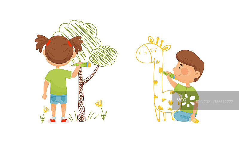 在墙上绘画的可爱儿童图片素材