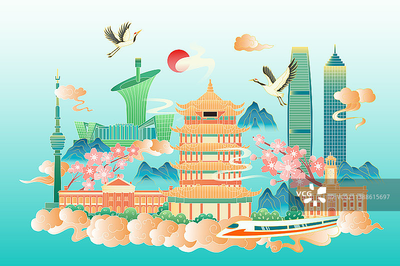 中国风湖北武汉城市矢量插画图片素材