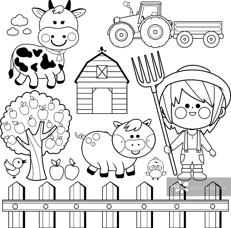 农场男孩和动物涂色页图片素材