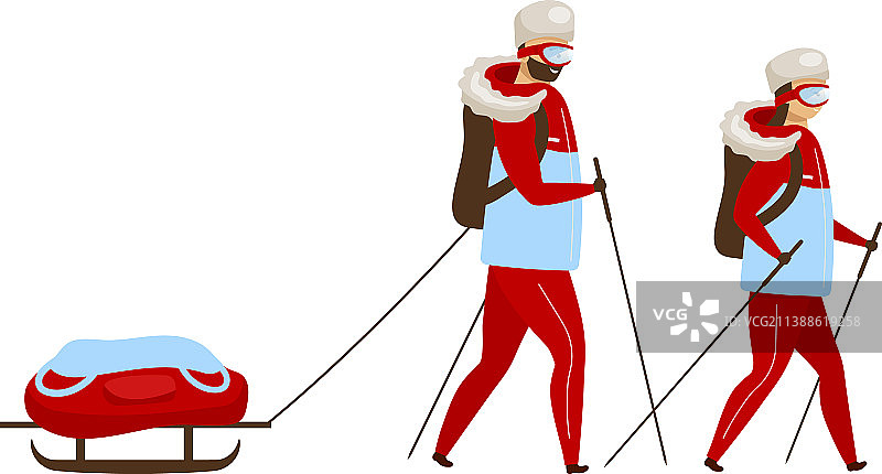 徒步团队扁平风格背包客与雪橇图片素材